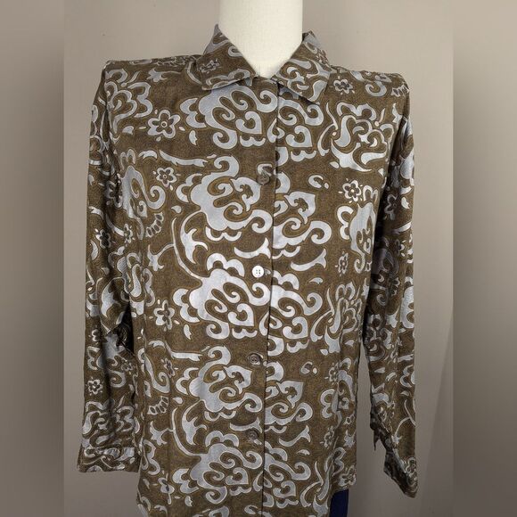 Vintage Esprit Shiny Print Blouse – Long Sleeve Button Down – Size Medium - Picture 4 of 8
